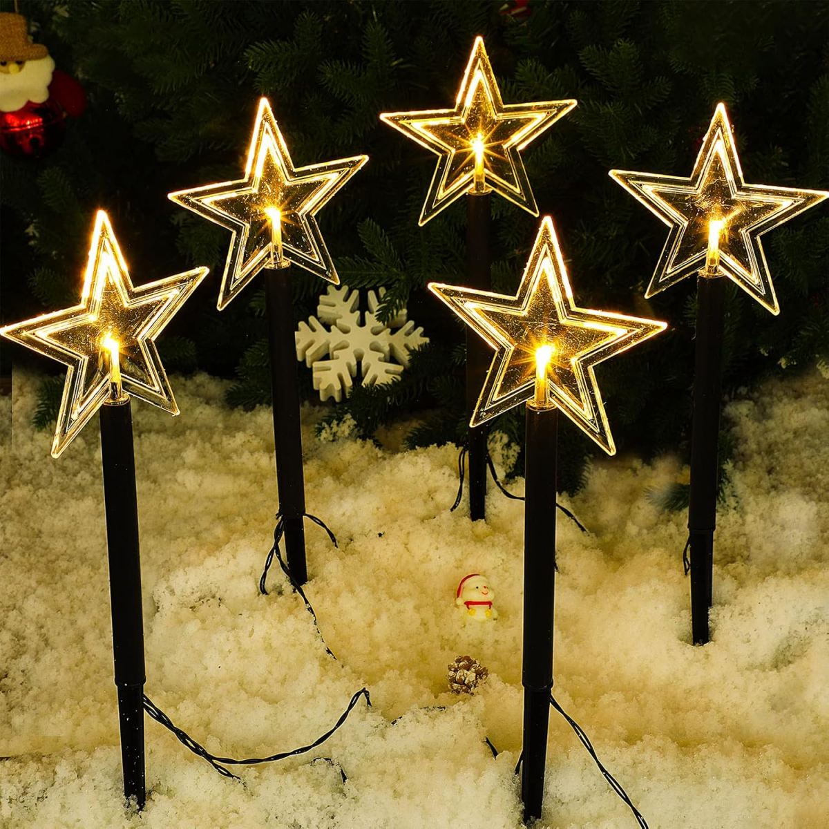 Outdoor Power For Xmas Lights - 5 ชิ้นคริสต์มาสไฟทางเดินกันน้ําเกล็ดหิมะ/ต้นคริสต์มาส/ดาวพร้อมโคมไฟเสาพลังงานแสงอาทิตย์เหมาะสําหรับตกแต่งบ้านกลางแจ้ง