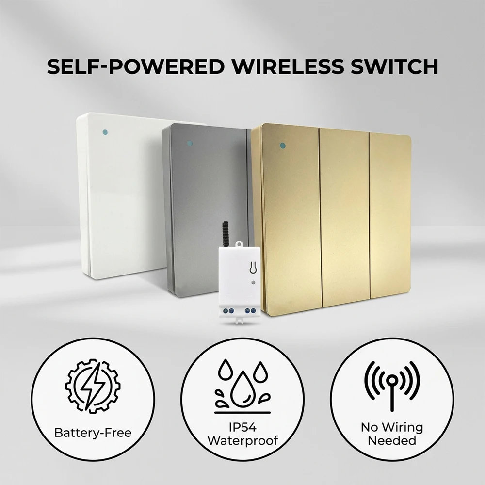 Outdoor Power Outlet With Remote Control - สวิตช์ไฟติดผนังแบบไร้สาย Self-Pow พร้อมรีโมทคอนโทรลแบบไม่ต้องใช้แบตเตอรี่ ไม่ต้องใช้สายไฟ กันน้ำระดับ IP54