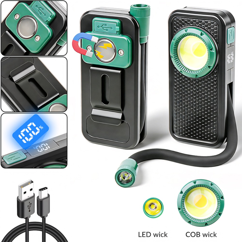 Outdoor Power For Lights - ไฟฉายแม่เหล็กแบบใหม่พร้อมคลิปหนีบปากกา สายดัดงอได้ ชาร์จผ่าน USB พร้อมหน้าจอแสดงพลังงานดิจิตอล สำหรับการตรวจสอบกลางแจ้ง