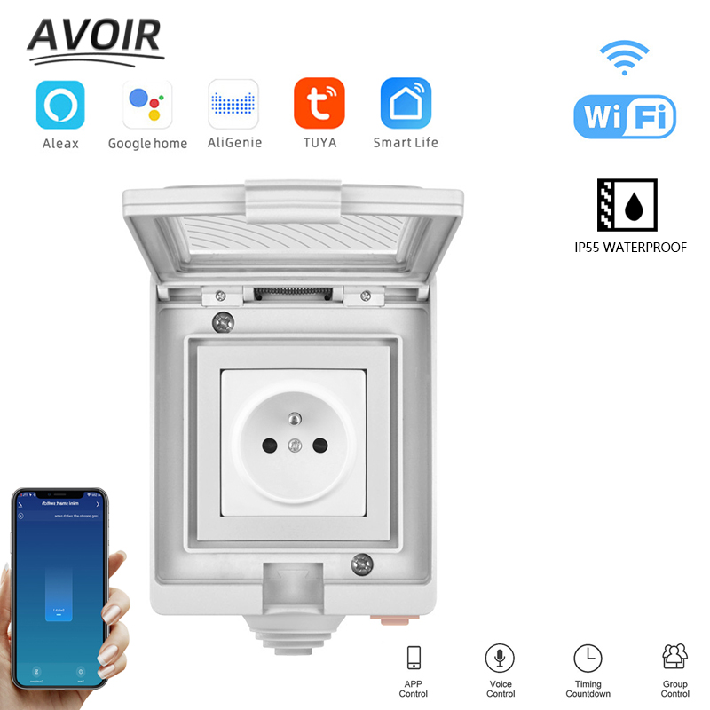 Outdoor Power Outlet With Remote Control - Avoir Tuya สมาร์ทซ็อกเก็ต FR ปลั๊กมาตรฐาน IP55ซ็อกเก็ตกันน้ำกลางแจ้ง